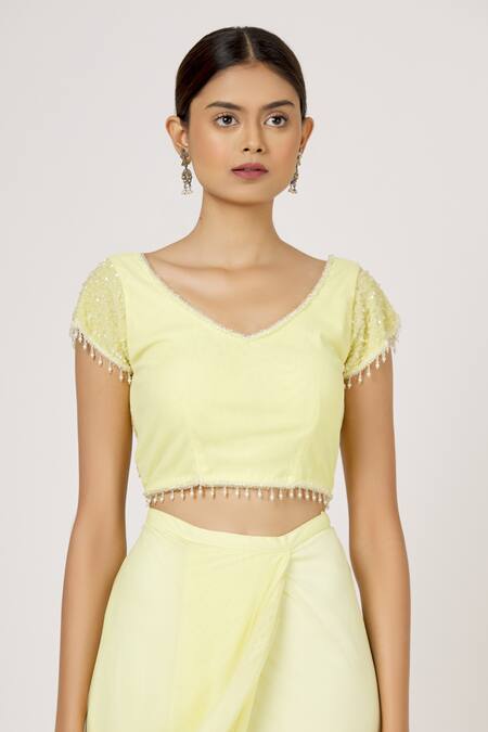 Buy Arpan Vohra Yellow Tulle Sequin Pre-draped Saree With Blouse Online at Aza Fashions Buy_Arpan Vohra_Yellow Tulle Sequin Pre-draped Saree With Blouse _Online_at_Aza_Fashions