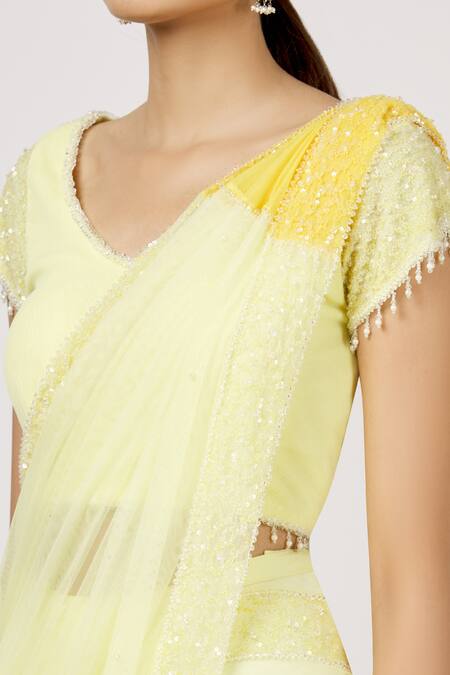Shop Arpan Vohra Yellow Tulle Sequin Pre-draped Saree With Blouse Online at Aza Fashions Shop_Arpan Vohra_Yellow Tulle Sequin Pre-draped Saree With Blouse _Online_at_Aza_Fashions
