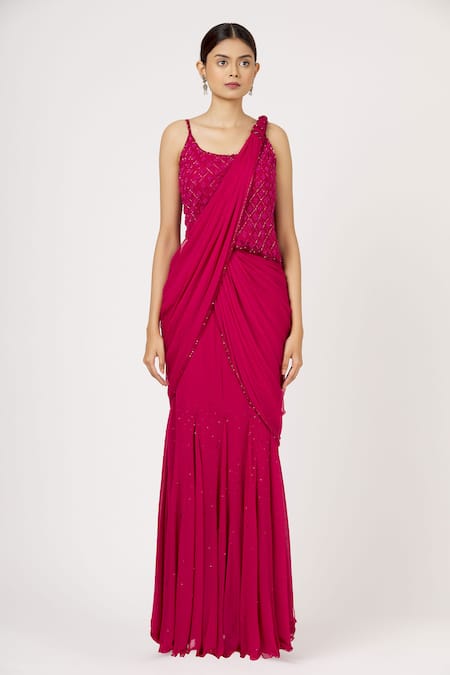 Arpan Vohra_Pink Tulle Pre-draped Saree _Online_at_Aza_Fashions