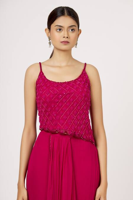 Buy_Arpan Vohra_Pink Tulle Pre-draped Saree _Online_at_Aza_Fashions