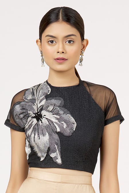 Arpan Vohra Black Silk, Georgette Embroidered Crop Top 