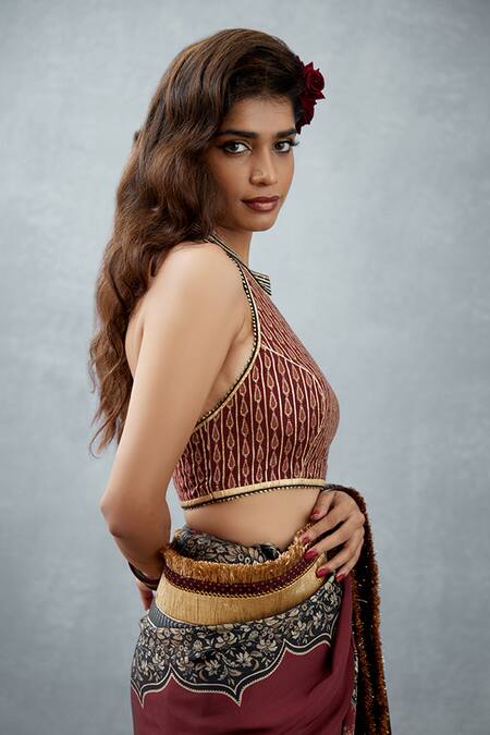 Torani_Red Slub Silk Bhagalpuri Print Halter Neck Gulnar Chokor Preet Blouse _Online_at_Aza_Fashions