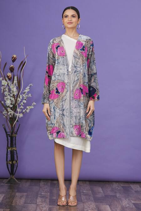 Buy_Aartivijay Gupta_Blue Fish Motifs Open Print Jacket _Online_at_Aza_Fashions
