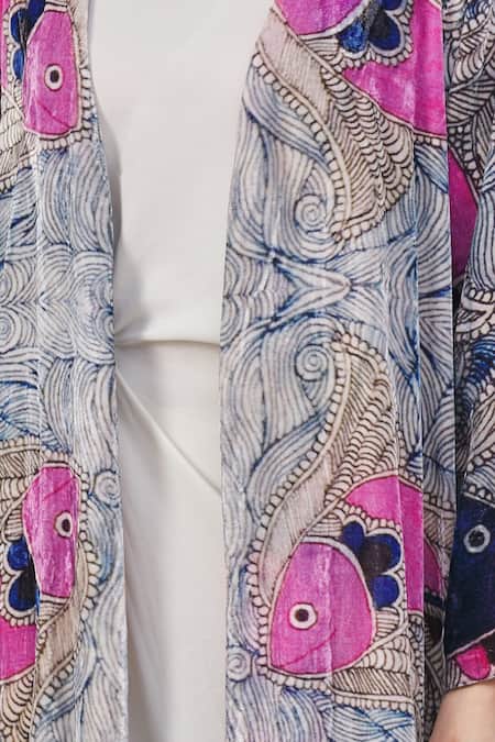 Shop_Aartivijay Gupta_Blue Fish Motifs Open Print Jacket _Online_at_Aza_Fashions
