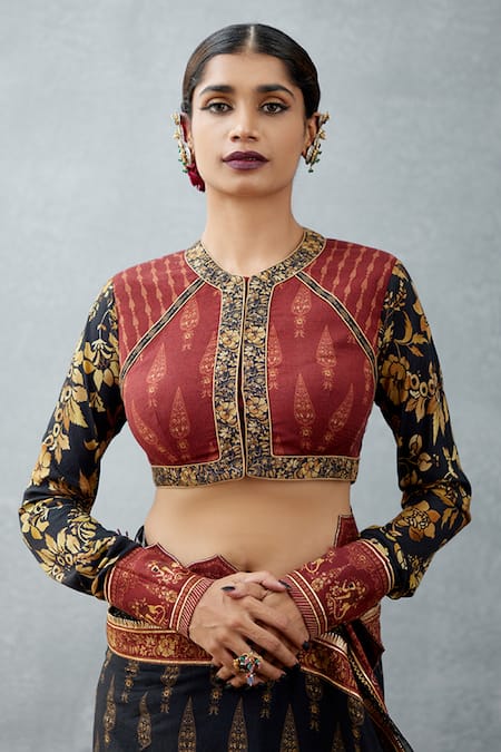 Torani Black Slub Silk Digital Print Bhagalpuri Floral Motifs Gulghast Nusrat Blouse 