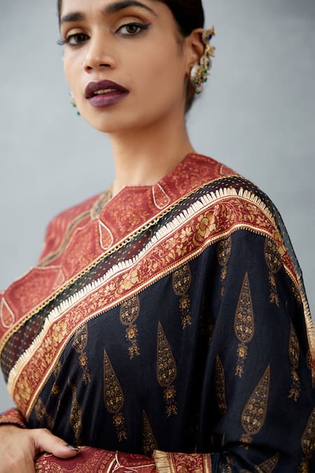 Buy_Torani_Black Slub Silk Bhagalpuri Floral Motifs Gulghast Nusrat Printed Saree _Online_at_Aza_Fashions