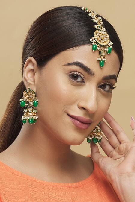 Posh By Rathore_Gold Plated Kundan Jhumkas With Maangtika _Online_at_Aza_Fashions