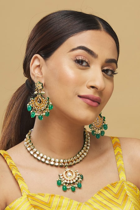 Posh by Rathore Gold Plated Kundan Pendant Drop Necklace Set