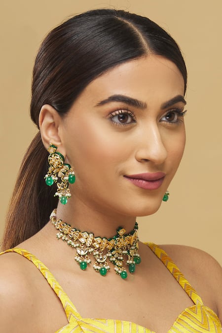 Posh By Rathore  Kundan Bead Drop Choker Set  