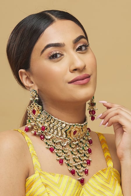 Posh By Rathore  Kundan Tiered Pendant Drop Choker Set  