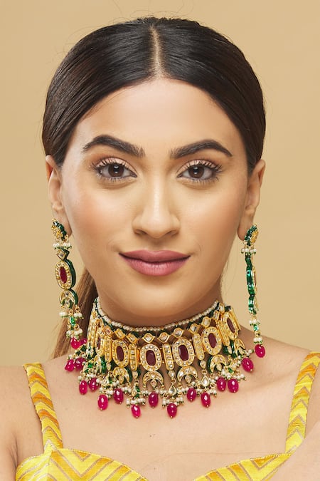 Posh By Rathore  Kundan Bead Drop Choker Set  