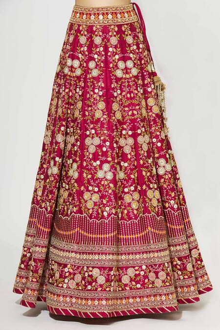 Buy_Aariyana Couture_Red Modal, Satin, Silk, Net Embroidery Asymmetric Floral Bridal Lehenga Set_Online_at_Aza_Fashions
