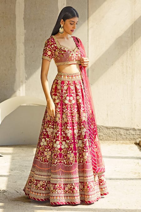 Buy Red Blouse Net And Organza Zeeana Flower Bloom Bridal Lehenga Set For  Women by Ridhi Mehra Online at Aza Fashions.