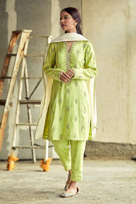 Shop_Aariyana Couture_Green Cotton, Silk, Bamboo, Chanderi Beads, Embroidery Split V-neck Kurta Set_at_Aza_Fashions