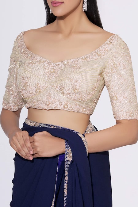 Buy Blue Saree Viscose Georgette Blouse Dupion With Embellished For Women  by Aariyana Couture Online at Aza Fashions.