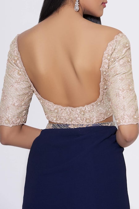 Aariyana Couture Blue Viscose, Silk, Modal Beads Boat Neck Saree With Embellished Blouse at Aza Fashions Aariyana Couture_Blue Viscose, Silk, Modal Beads Boat Neck Saree With Embellished Blouse_at_Aza_Fashions