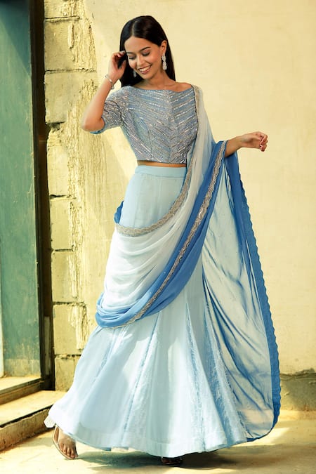 Buy_Ariyana By Aza_Blue Viscose, Georgette Sequins, Embroidery Boat Neck Pre-draped Saree _Online_at_Aza_Fashions