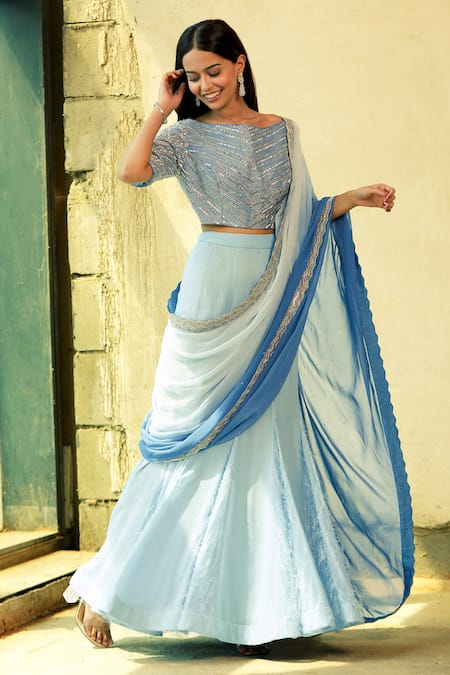 Light Blue Chiffon Saree With Foil Print And Zari Border - Vishal Prints -  3968168