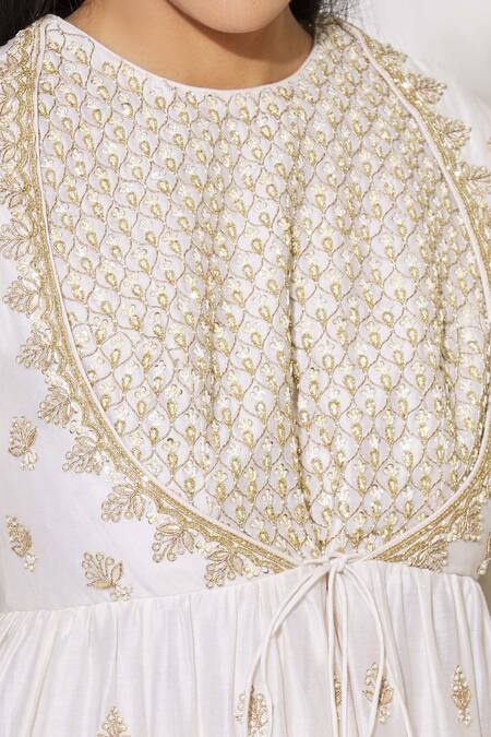 Buy_Aariyana Couture_White Chanderi, Cotton Embroidery, Gota Patti Round Neck Anarkali Set_Online_at_Aza_Fashions