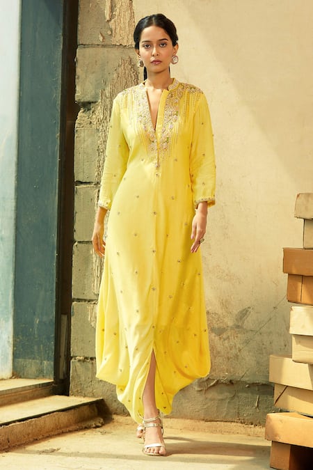 Ariyana by Aza_Yellow Cotton Silk Mandarin Collar Embroidered Draped Tunic _Online_at_Aza_Fashions