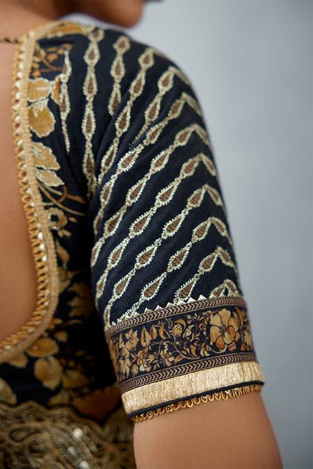 Torani_Black Slub Silk Bhagalpuri Floral Motifs Plunge Gulghast Huma Printed Blouse _Online_at_Aza_Fashions