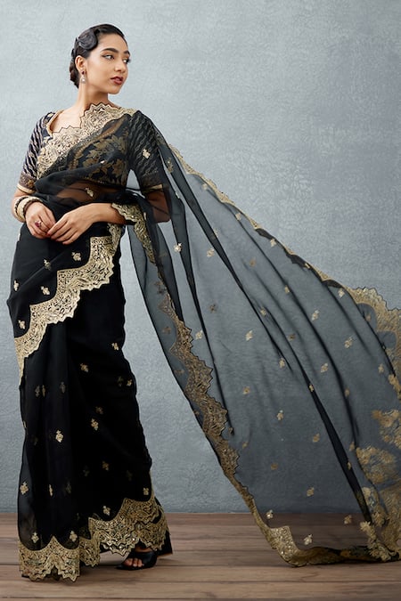 Torani_Black Silk Organza Adda And Gota Work Gulghast Huma Saree _Online_at_Aza_Fashions