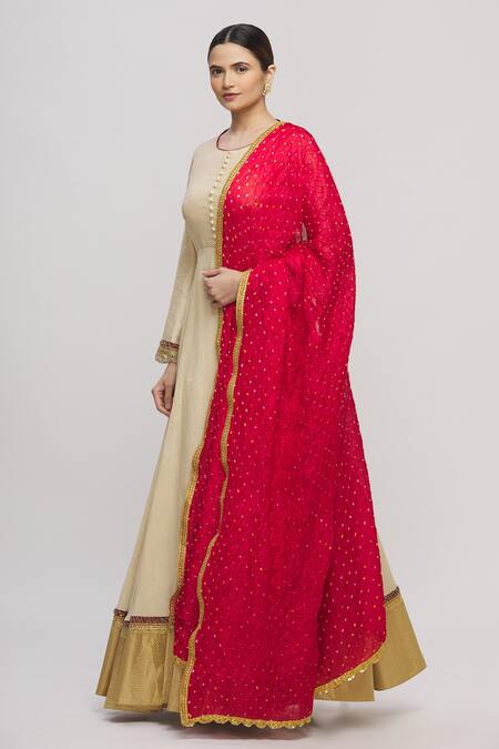 Buy_Sangeeta Kilachand_Beige Anarkali With Bandhani Dupatta_Online_at_Aza_Fashions