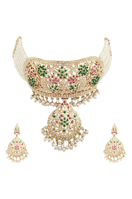 Shop Moh-Maya By Disha Khatri Gold Plated Pearls Jadau Pendant Choker Set at Aza Fashions Shop_Moh-Maya By Disha Khatri_Gold Plated Pearls Jadau Pendant Choker Set _at_Aza_Fashions