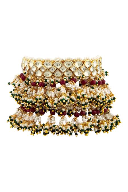 Moh-Maya By Disha Khatri_Gold Plated Pearls, Gota Patti Kundan Bead Drop Bangles Set Of 2_Online_at_Aza_Fashions