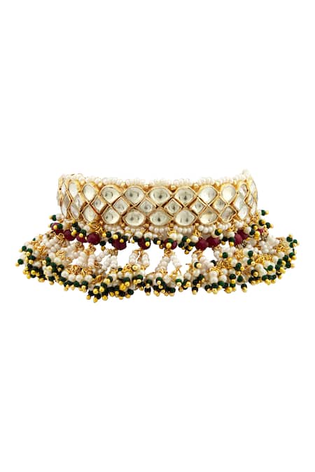 Shop_Moh-Maya By Disha Khatri_Gold Plated Pearls, Gota Patti Kundan Bead Drop Bangles Set Of 2_Online_at_Aza_Fashions