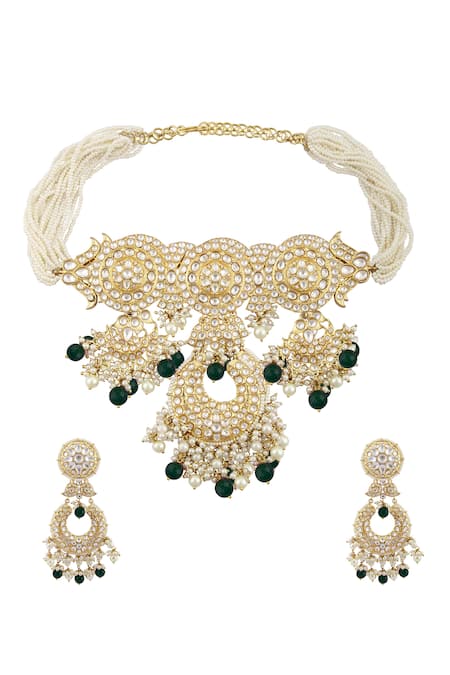 Shop Moh-Maya By Disha Khatri Gold Plated Pearls, Beads, Embroidery Kundan Pendant Necklace Set at Aza Fashions Shop_Moh-Maya By Disha Khatri_Gold Plated Pearls, Beads, Embroidery Kundan Pendant Necklace Set _at_Aza_Fashions