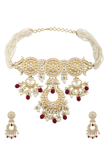 Shop_Moh-Maya By Disha Khatri_Gold Plated Pearls, Beads, Rhinestones Kundan Pendant Necklace Set _at_Aza_Fashions