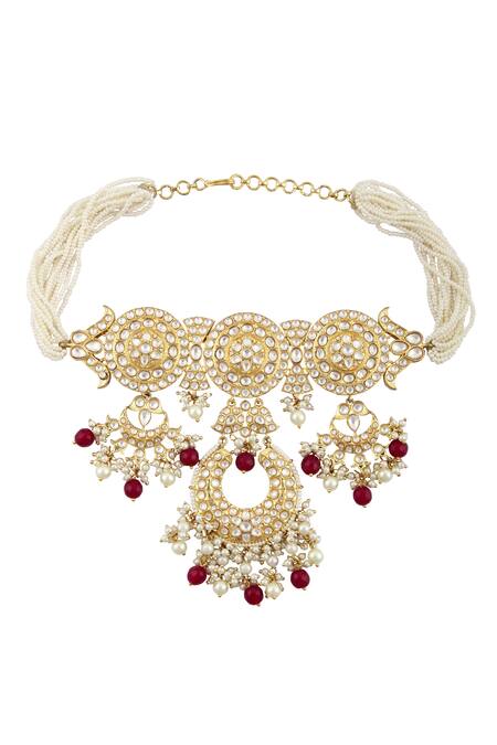 Moh-Maya By Disha Khatri_Gold Plated Pearls, Beads, Rhinestones Kundan Pendant Necklace Set _Online_at_Aza_Fashions