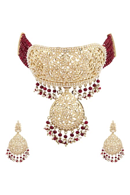 Shop Moh-Maya By Disha Khatri Gold Plated Pearls, Diamonds Jadau Pendant Choker Set at Aza Fashions Shop_Moh-Maya By Disha Khatri_Gold Plated Pearls, Diamonds Jadau Pendant Choker Set _at_Aza_Fashions