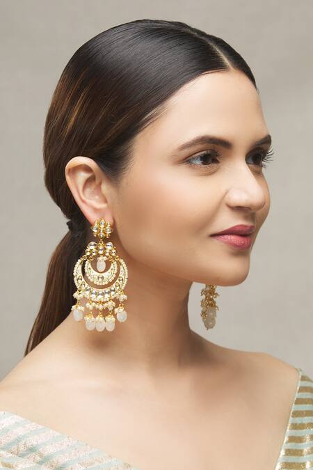 Buy_Moh-Maya By Disha Khatri_Gold Plated Metallic Thread, Beads Kundan Meenakari Chandbalis_Online_at_Aza_Fashions