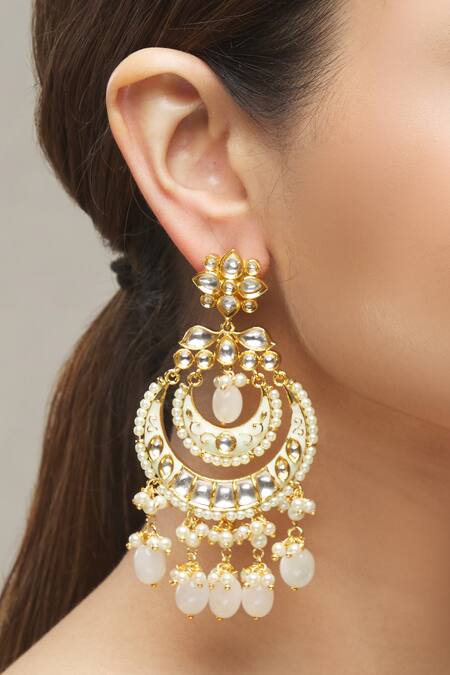 Moh-Maya By Disha Khatri_Gold Plated Metallic Thread, Beads Kundan Meenakari Chandbalis_at_Aza_Fashions