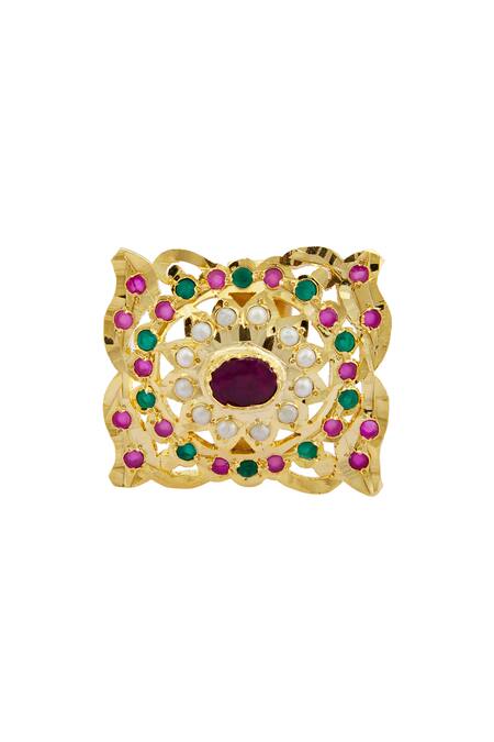 Shop Moh-Maya By Disha Khatri Gold Plated Pearls, Zari Jadau Geometric Ring at Aza Fashions Shop_Moh-Maya By Disha Khatri_Gold Plated Pearls, Zari Jadau Geometric Ring _at_Aza_Fashions
