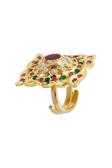 Moh-Maya By Disha Khatri Gold Plated Pearls, Zari Jadau Geometric Ring Online at Aza Fashions Moh-Maya By Disha Khatri_Gold Plated Pearls, Zari Jadau Geometric Ring _Online_at_Aza_Fashions