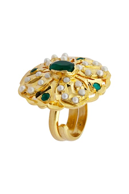 Shop Moh-Maya By Disha Khatri Gold Plated Pearls, Embroidery Floral Stone Ring at Aza Fashions Shop_Moh-Maya By Disha Khatri_Gold Plated Pearls, Embroidery Floral Stone Ring _at_Aza_Fashions