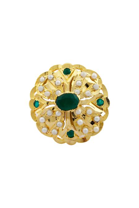 Moh-Maya By Disha Khatri Gold Plated Pearls, Embroidery Floral Stone Ring Online at Aza Fashions Moh-Maya By Disha Khatri_Gold Plated Pearls, Embroidery Floral Stone Ring _Online_at_Aza_Fashions