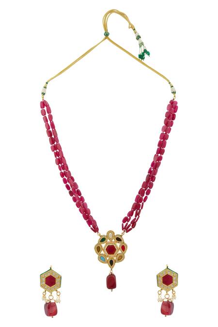 Shop Just Shradhas Gold Plated Beads Kundan Floral Pendant Necklace Set at Aza Fashions Shop_Just Shradhas_Gold Plated Beads Kundan Floral Pendant Necklace Set _at_Aza_Fashions
