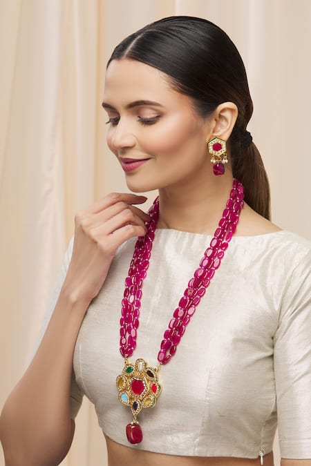 Buy Just Shradhas Gold Plated Beads Kundan Floral Pendant Necklace Set Online at Aza Fashions Buy_Just Shradhas_Gold Plated Beads Kundan Floral Pendant Necklace Set _Online_at_Aza_Fashions