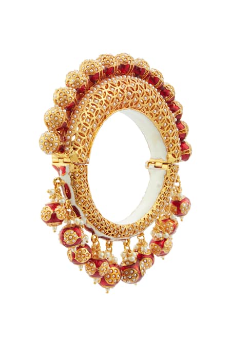 Shop Just Shradhas Gold Plated Pearls, Beads, Diamonds Polki Kundan Drop Bangle at Aza Fashions Shop_Just Shradhas_Gold Plated Pearls, Beads, Diamonds Polki Kundan Drop Bangle _at_Aza_Fashions