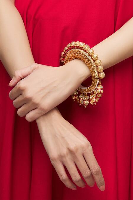 Shop Just Shradhas Gold Plated Pearls, Beads, Diamonds Polki Kundan Drop Bangle Online at Aza Fashions Shop_Just Shradhas_Gold Plated Pearls, Beads, Diamonds Polki Kundan Drop Bangle _Online_at_Aza_Fashions
