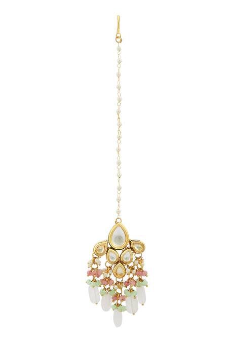 Shop Just Shradhas Gold Plated Kundan Teardrop Maangtikka at Aza Fashions Shop_Just Shradhas_Gold Plated Kundan Teardrop Maangtikka _at_Aza_Fashions