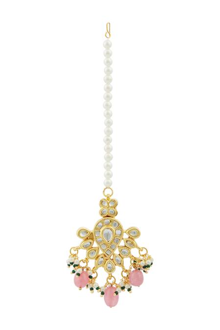 Shop Just Shradhas Gold Plated Kundan Bead Drop Maangtikka at Aza Fashions Shop_Just Shradhas_Gold Plated Kundan Bead Drop Maangtikka _at_Aza_Fashions