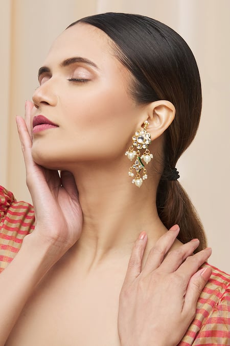 Just Shradhas Gold Plated Pearls, Gota Patti Kundan Floral Danglers Online at Aza Fashions Just Shradhas_Gold Plated Pearls, Gota Patti Kundan Floral Danglers _Online_at_Aza_Fashions