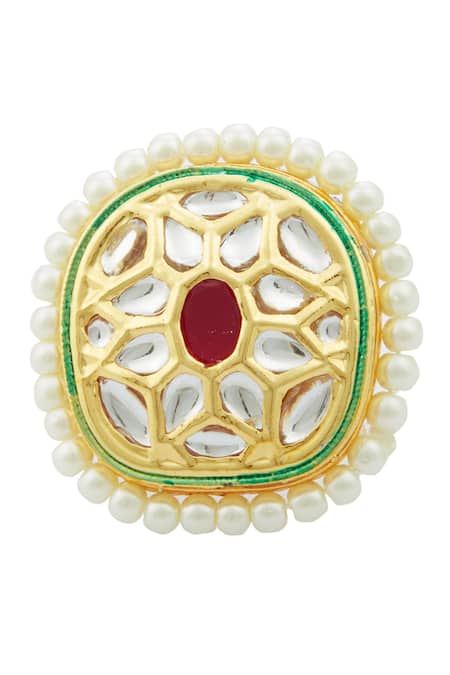 Shop Just Shradhas Gold Plated Pearls Kundan Geometric Ring at Aza Fashions Shop_Just Shradhas_Gold Plated Pearls Kundan Geometric Ring _at_Aza_Fashions