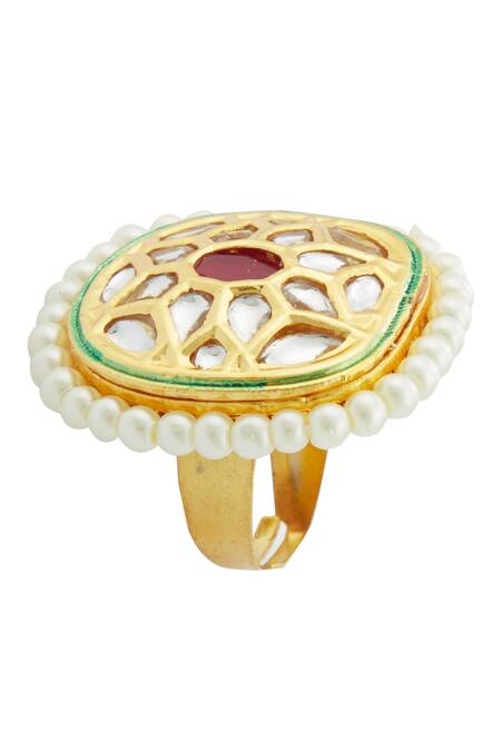 Buy Just Shradhas Gold Plated Pearls Kundan Geometric Ring Online at Aza Fashions Buy_Just Shradhas_Gold Plated Pearls Kundan Geometric Ring _Online_at_Aza_Fashions