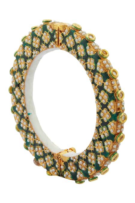 Shop Just Shradhas Gold Plated Pearls, Beads, Gota Patti Kundan Enamel Bangle at Aza Fashions Shop_Just Shradhas_Gold Plated Pearls, Beads, Gota Patti Kundan Enamel Bangle _at_Aza_Fashions